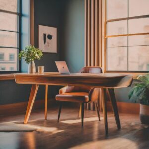 Elegant home office with a custom wooden desk, leather chair, and large windows letting in natural light.