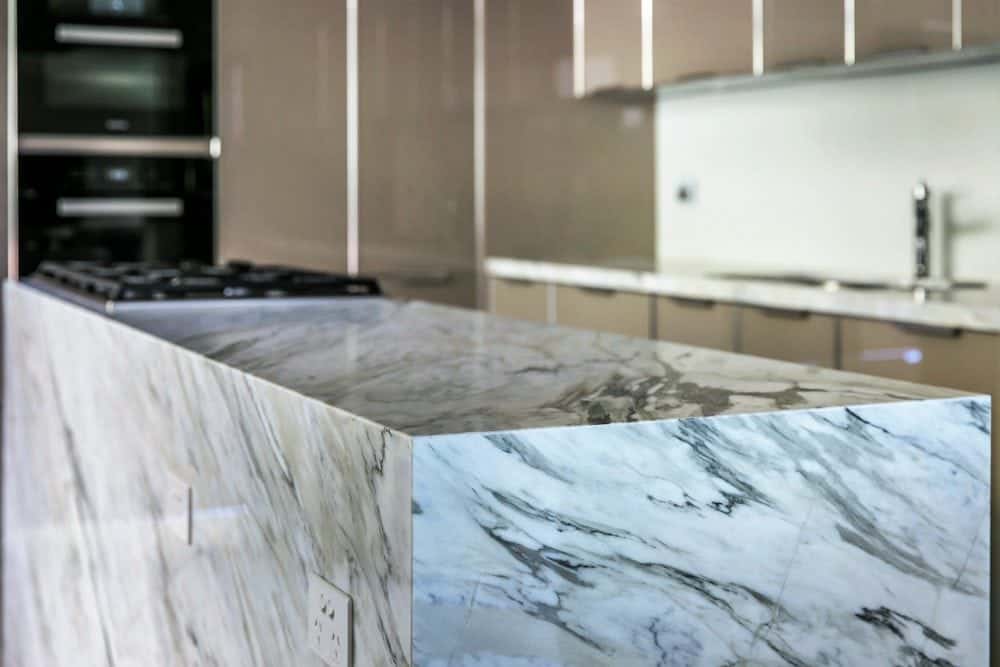 details of calacatta manhattan kitchen island
