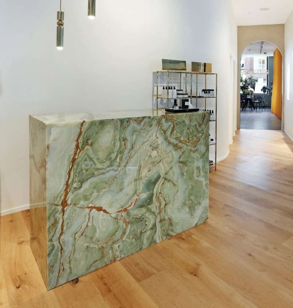 jade green onyx hair salon reception counter