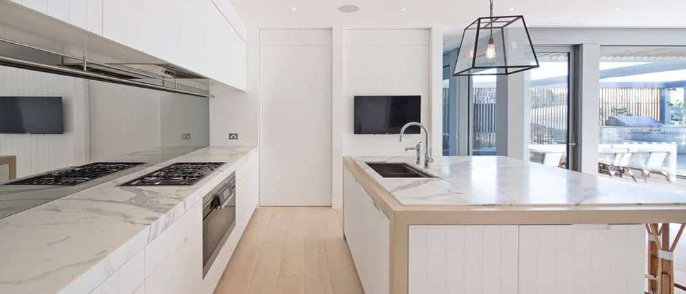 statuario marble kitchen benchtop and cooktop