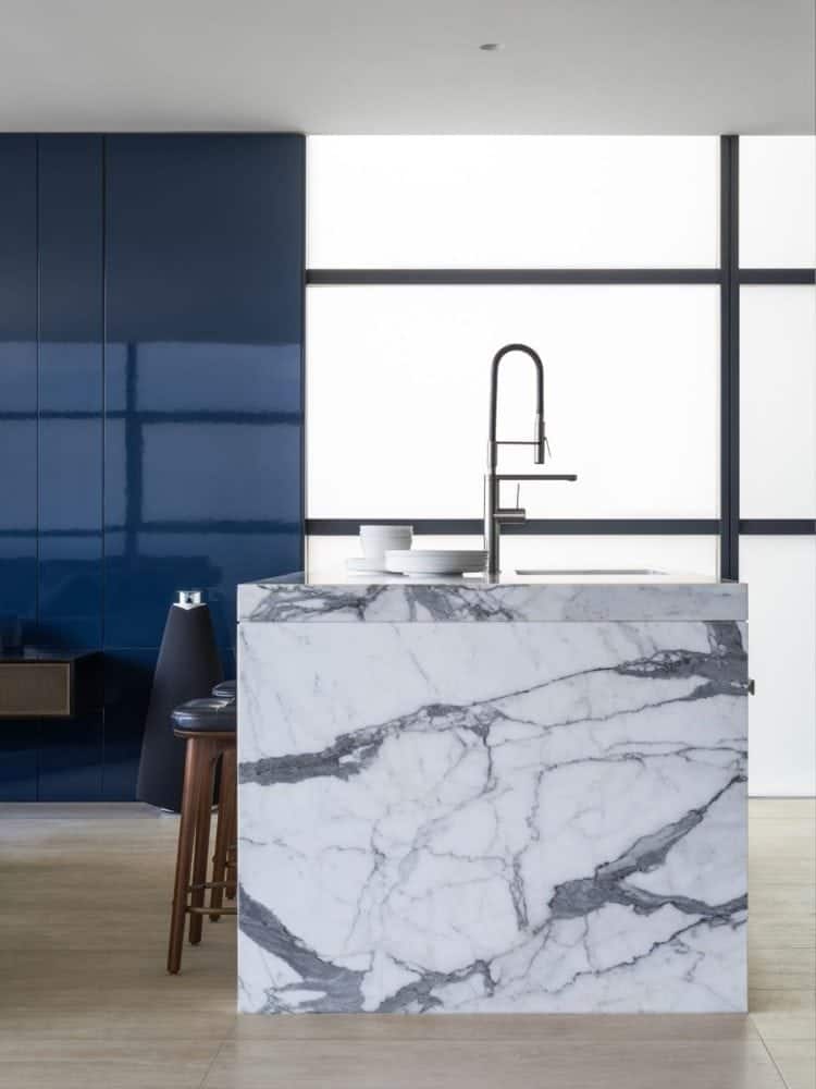 statuario marble kitchen island waterfall