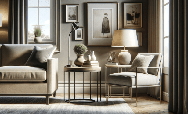 An elegantly styled end table with tasteful decor amid comfortable seating and chic wall art in a well-lit, cozy room setting.