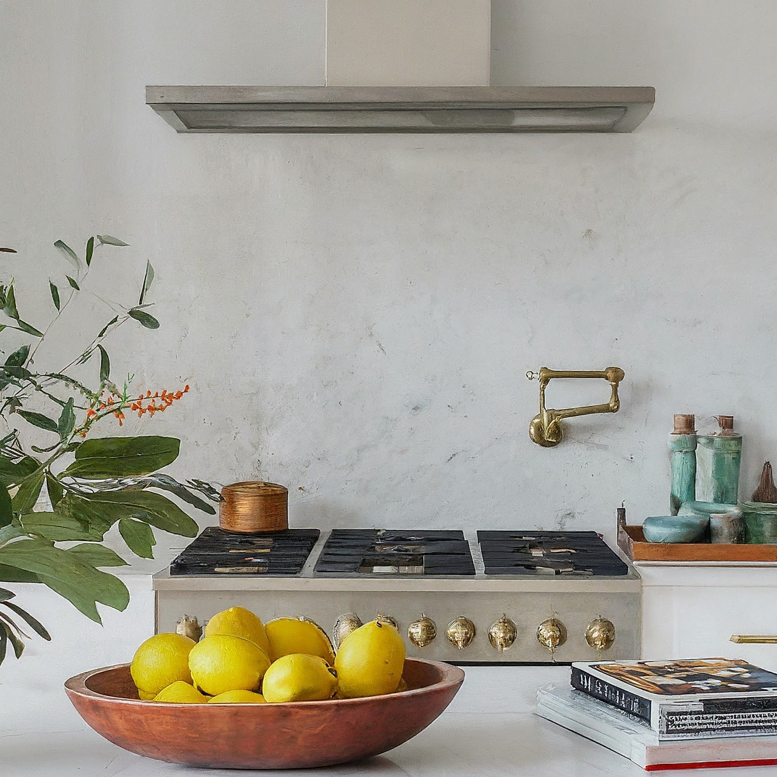 A bright and inviting all white kitchen with a rustic touch, featuring a bowl of lemons, green plants, and decorative item