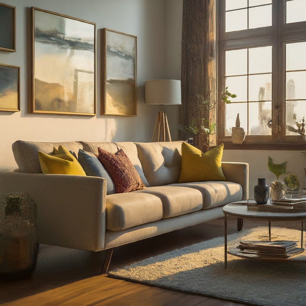 Cozy living room with a beige sofa, colorful pillows, and stylish decor.