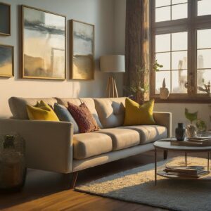 Cozy living room with a beige sofa, colorful pillows, and stylish decor.