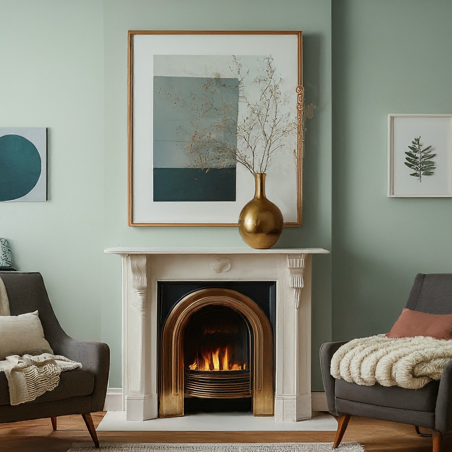 A beautifully decorated mantel with a mix of framed art, candles, and greenery, creating a stylish and inviting focal point in the living room.