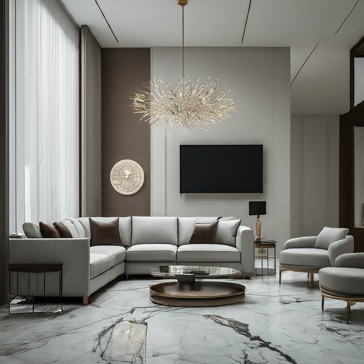 Modern living room featuring a luxurious white marble floor with distinctive grey veining, complemented by a sectional grey sofa, minimalist decor, and an artistic golden chandelier.