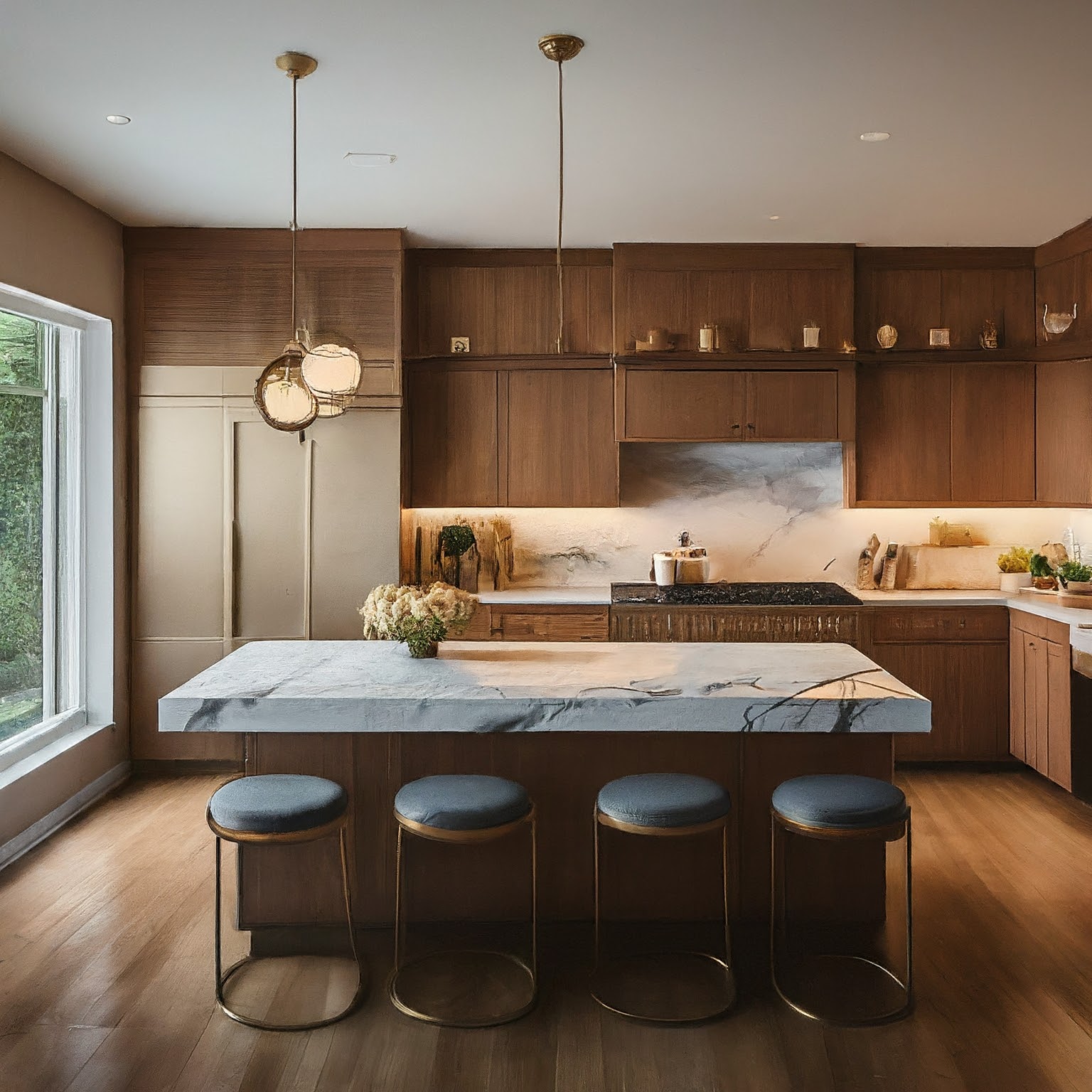 Modern kitchen with dark wood cabinets and a marble waterfall island, complemented by gold pendant lighting and teal bar stools.