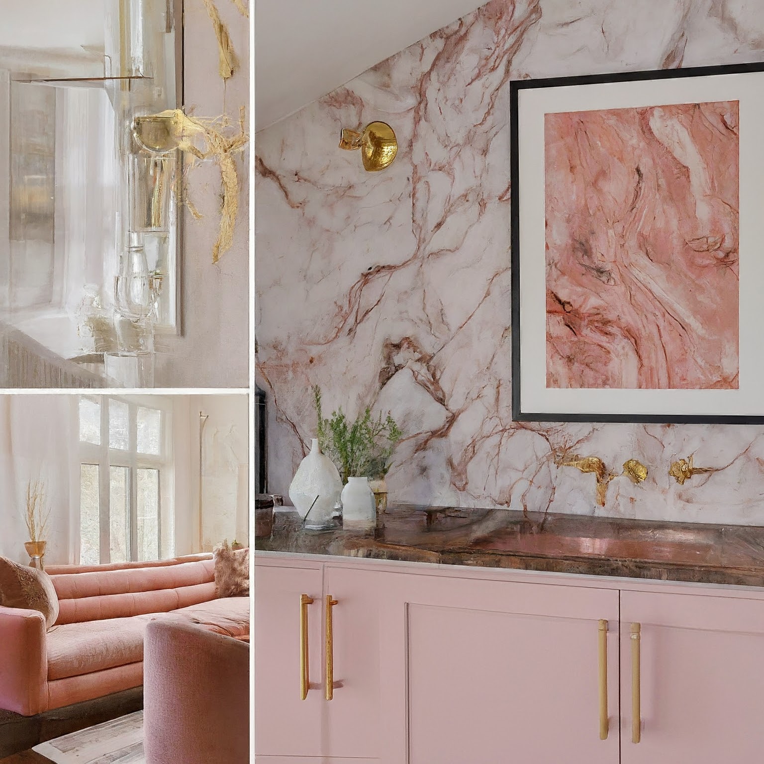 Collage of pink marble interiors featuring a chic living room with a pink marble fireplace, decorative pink marble wall with artwork, and a kitchen with pink marble countertops and pink cabinetry.