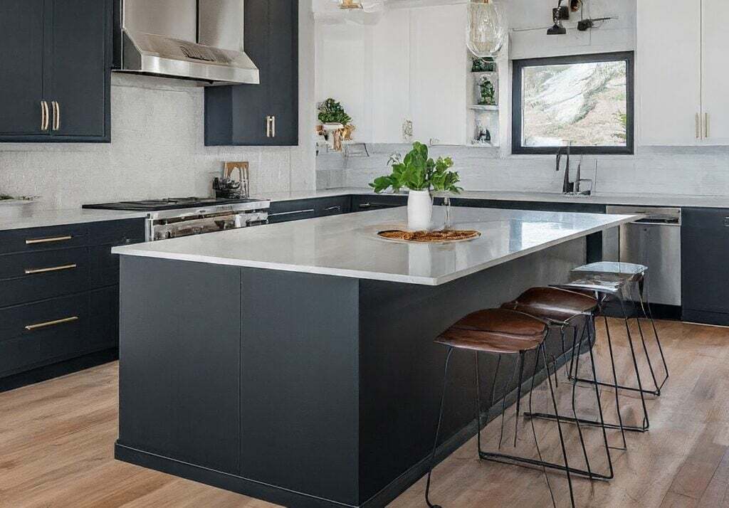 A modern two tone kitchen featuring black and white cabinets, a large island, pendant lighting, and wooden bar stools.