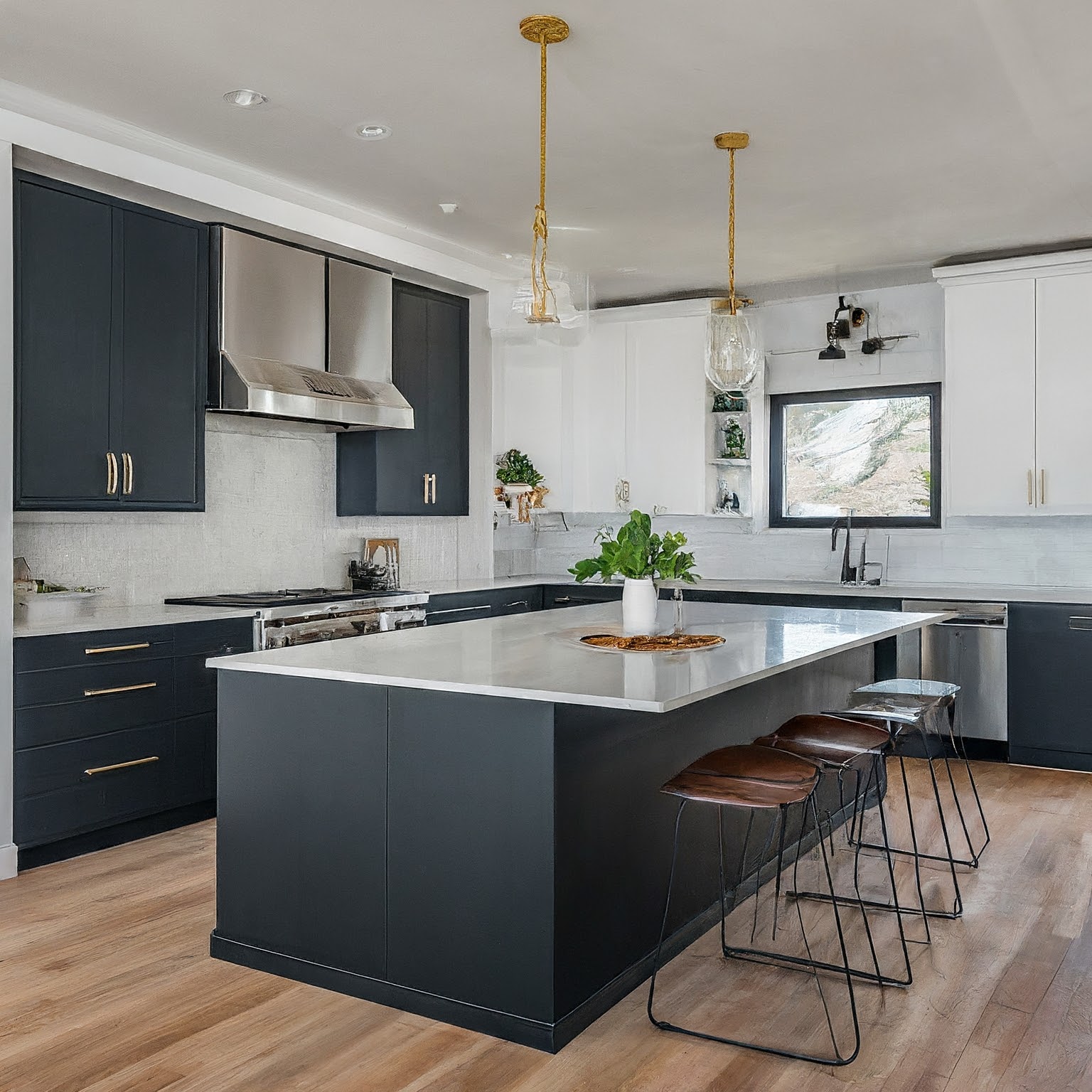A modern two tone kitchen featuring black and white cabinets, a large island, pendant lighting, and wooden bar stools.