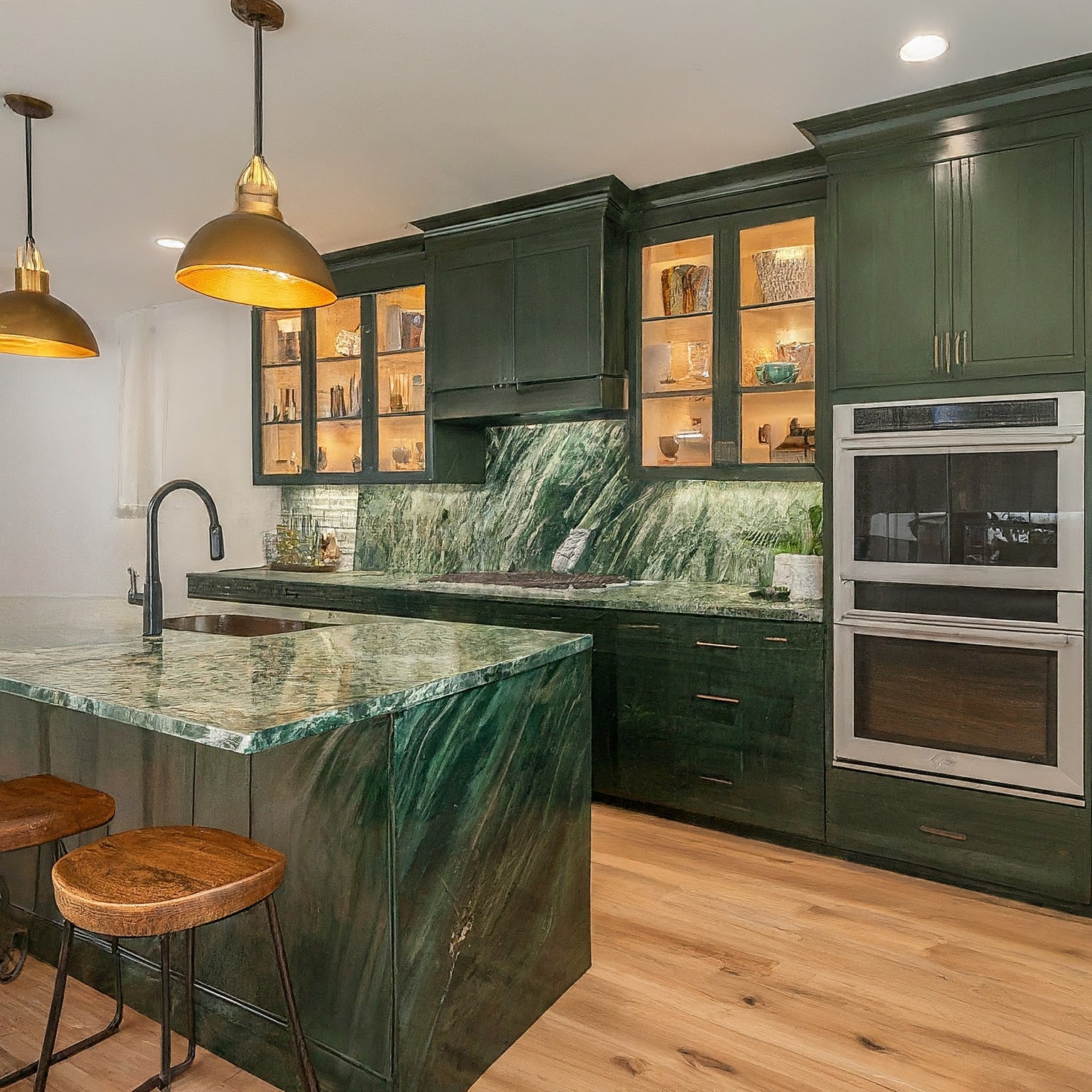 Luxurious kitchen featuring deep green marble countertops and matching island, dark green cabinetry, gold pendant lights, and built-in shelves.