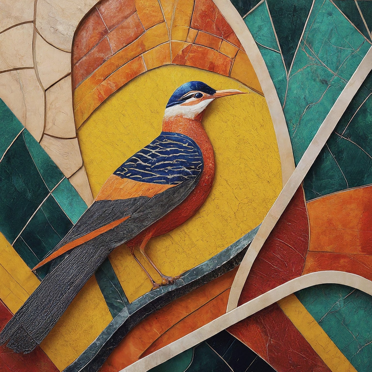 Art Deco style marble mosaic of a colorful bird with intricate detailing, set against a vibrant, geometric background.