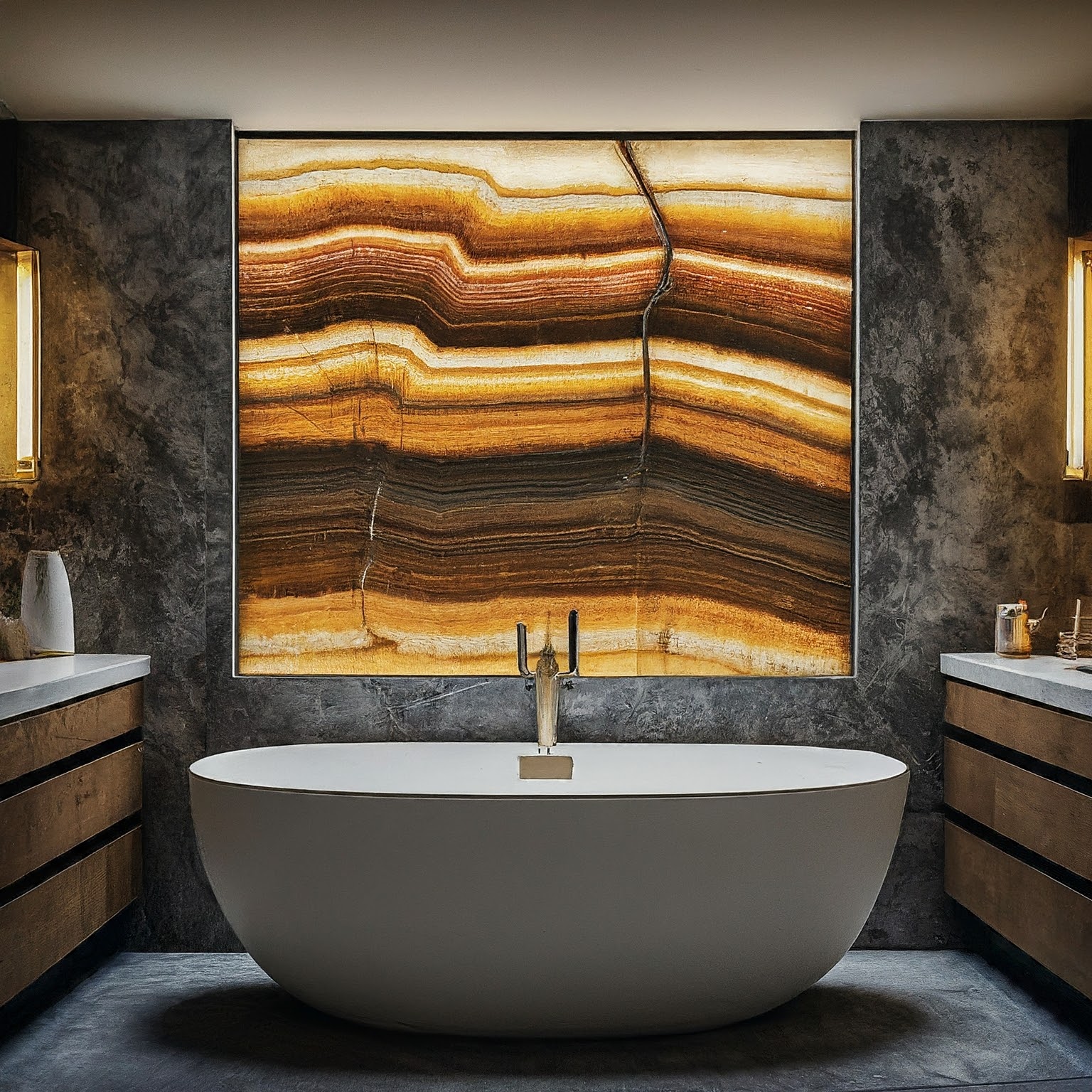 Luxurious bathroom with a backlit onyx wall and freestanding bathtub.