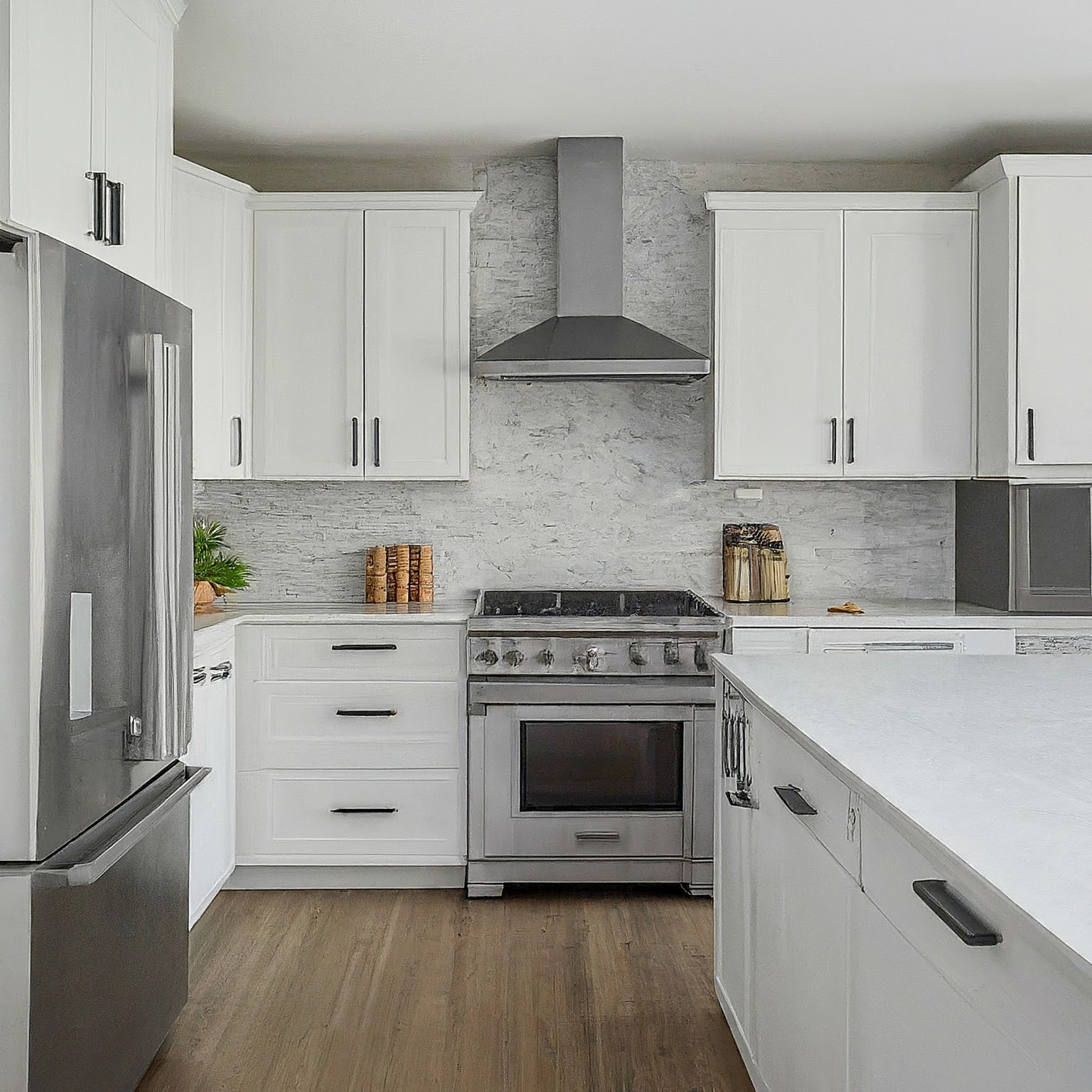 Modern kitchen with white cabinets, stainless steel appliances, and Superwhite Dolomite countertops.