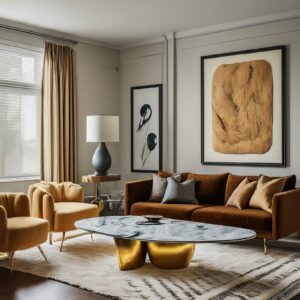 Stylish living room with a marble coffee table, mustard chairs, and modern art on the walls.
