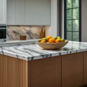Modern kitchen with marble countertops and a basket of fresh fruits.