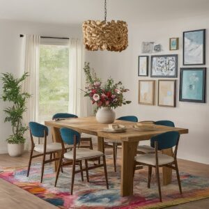 Modern dining room with wooden table, colorful chairs, and a vibrant area rug.