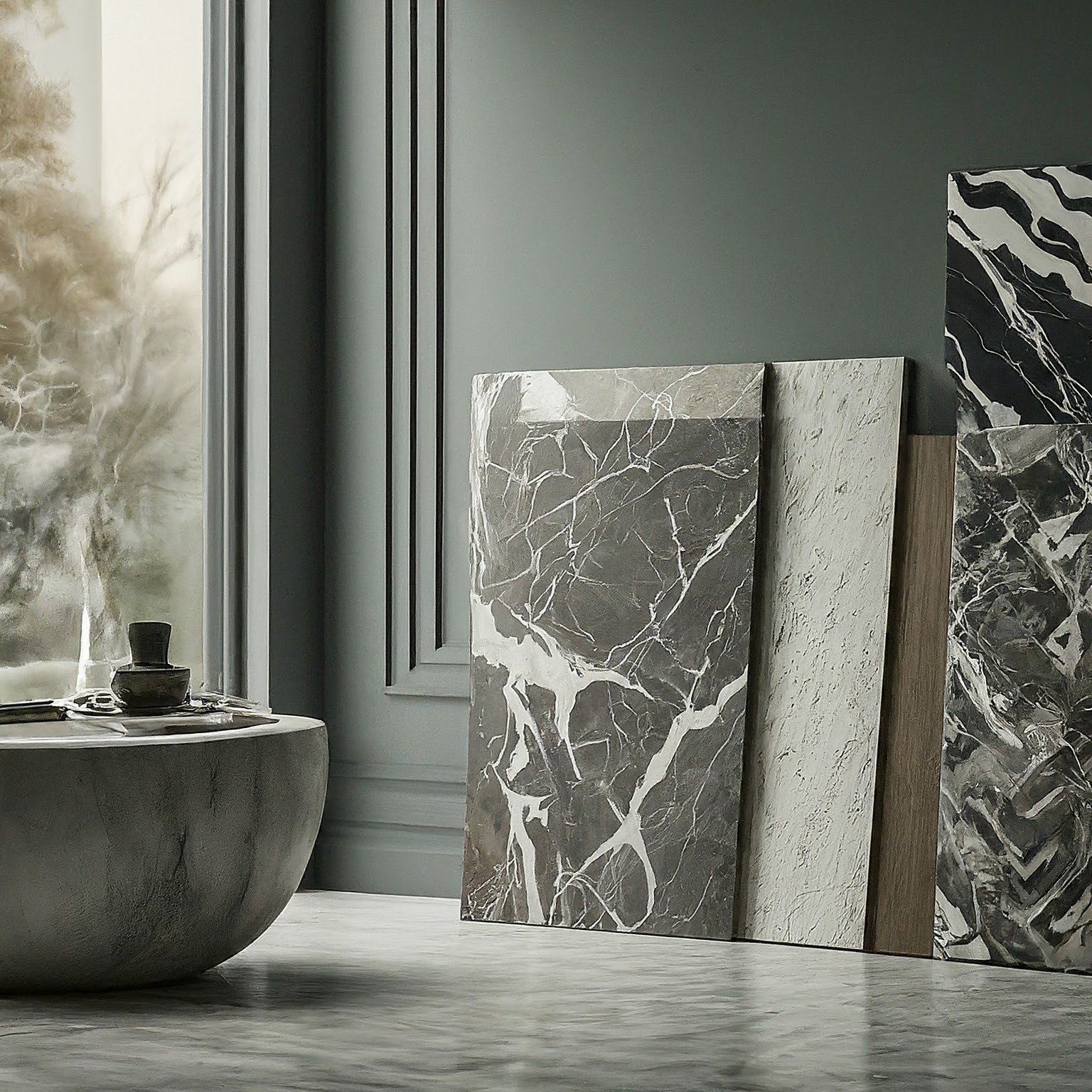 Various marble slabs displayed in a sophisticated showroom setting.