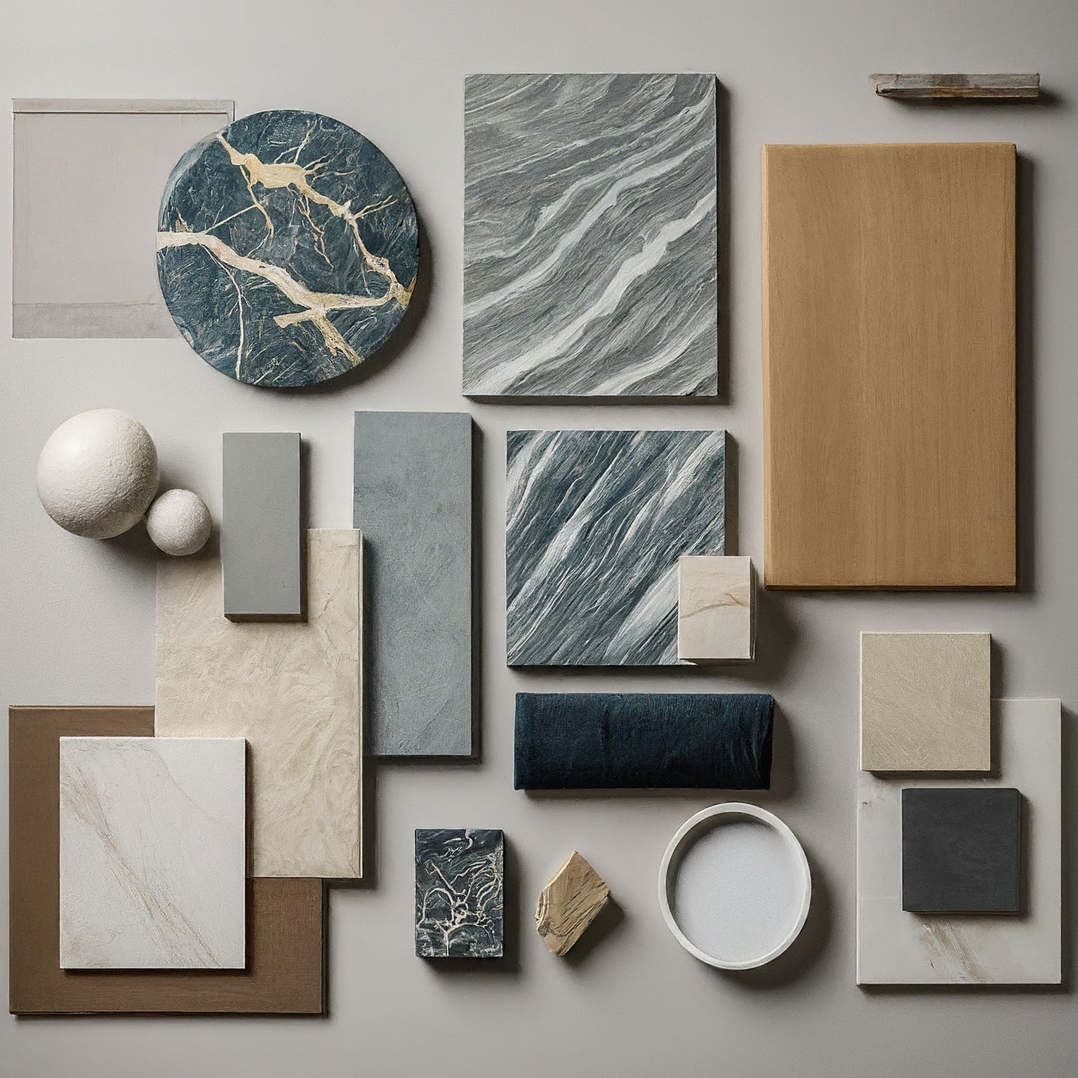 Various marble slabs with different colors and patterns displayed in a showroom.