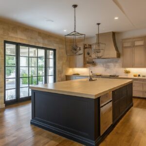 Modern kitchen with European stone island and natural wood cabinetry.