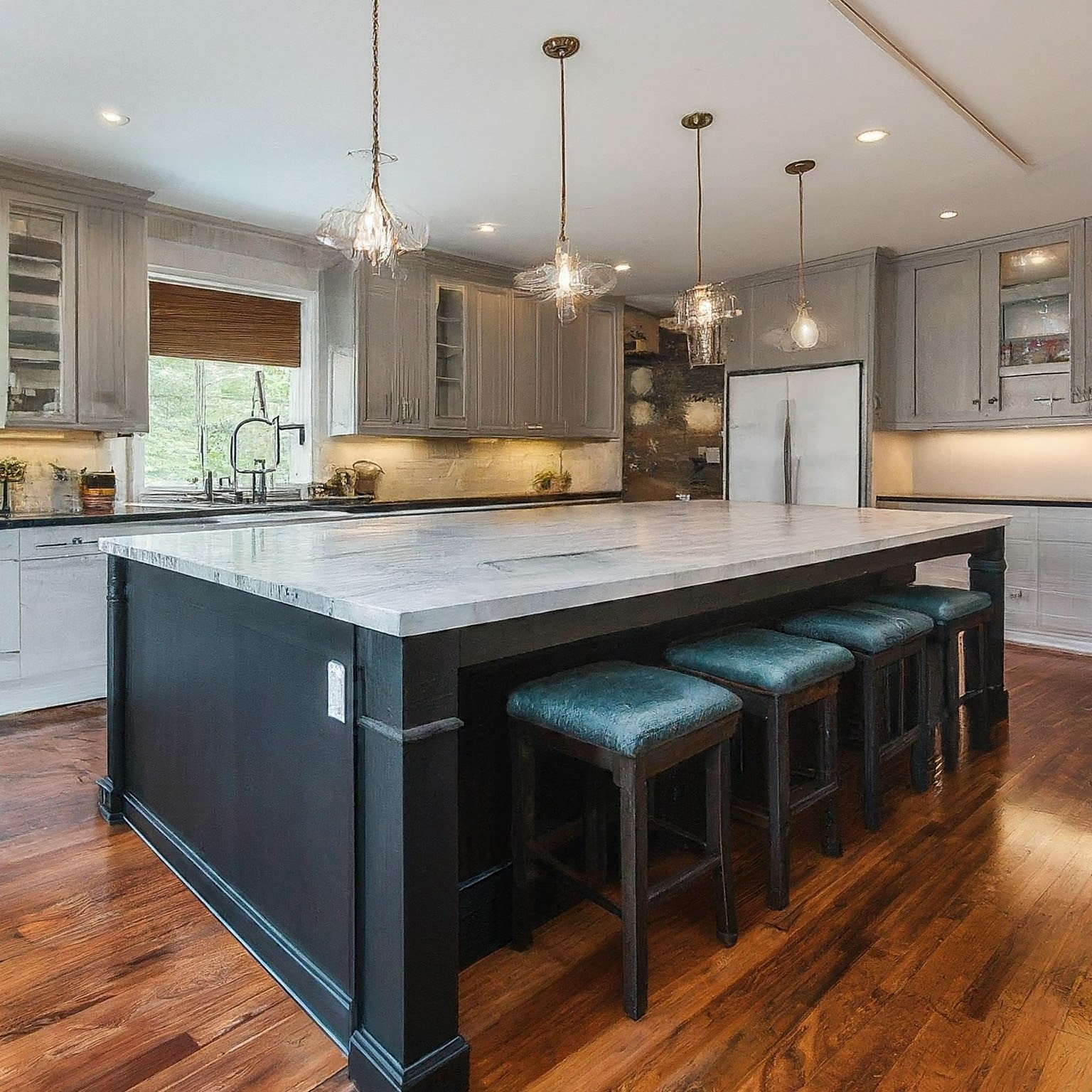 A modern kitchen with a large black and white marble island, grey cabinets, and pendant lights hanging above.