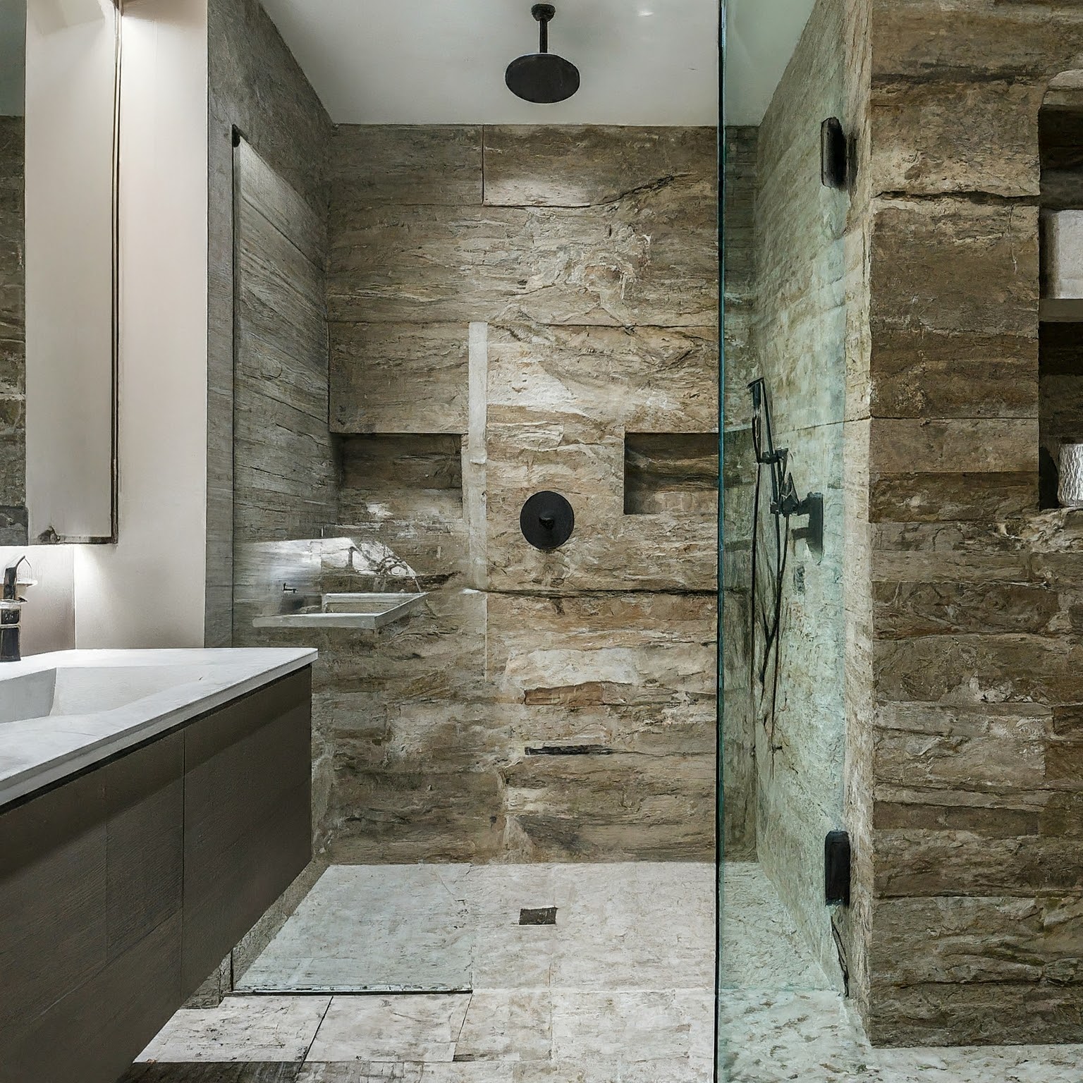 Modern bathroom with natural stone shower walls and sleek fixtures.