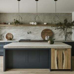 Modern kitchen with natural stone countertops and a sleek, minimalist design.
