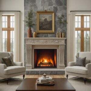A cozy living room with a stone fireplace, ornate mantel, and a lit fire, flanked by two armchairs. Decorative items and a framed painting adorn the mantel.