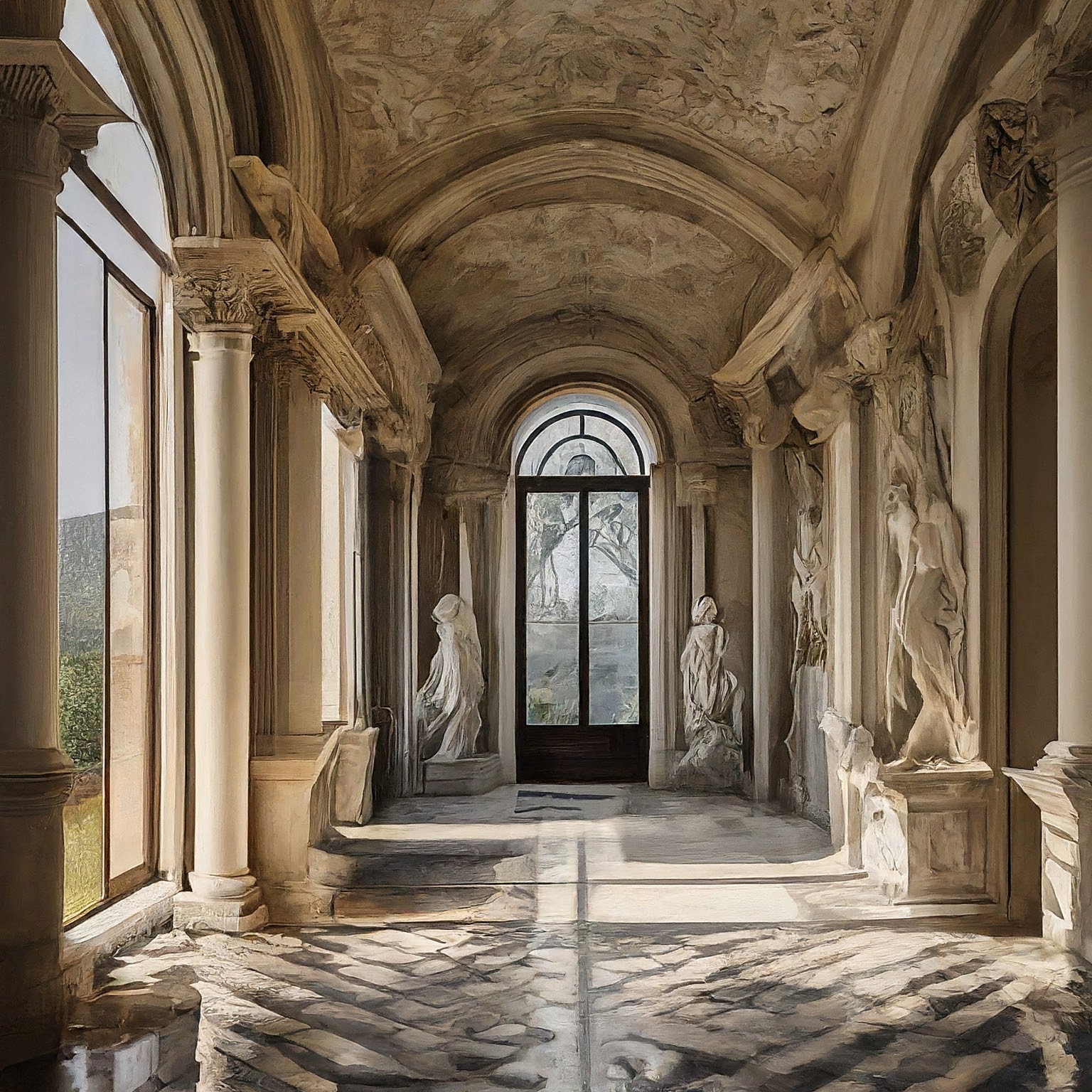 A sunlit, arched hallway in a historic building, featuring intricate marble columns, ornate ceiling details, and classical marble statues along the walls.