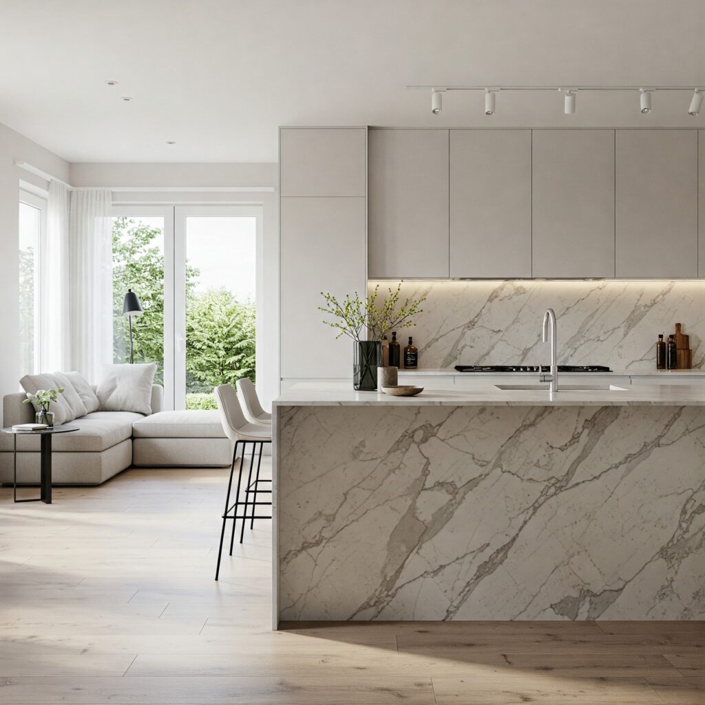 A bright and airy open-plan living space featuring a modern kitchen with a striking marble island and backsplash. The neutral-toned cabinetry, warm wooden flooring, and soft natural light create a seamless flow into the cozy living area with large windows and elegant furnishings.