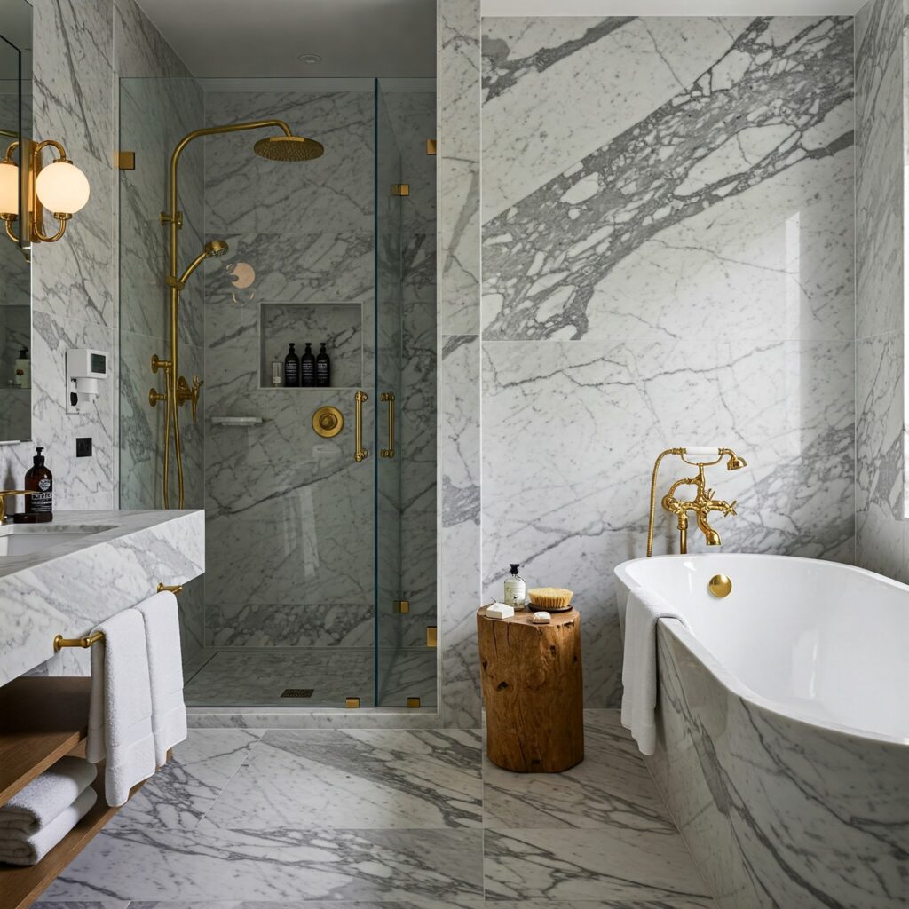 A luxurious boutique hotel bathroom featuring elegant white marble walls and flooring with dramatic gray veining. The space is adorned with gold fixtures, a freestanding bathtub, a glass-enclosed shower, and a rustic wooden stool, creating a refined yet inviting ambiance.