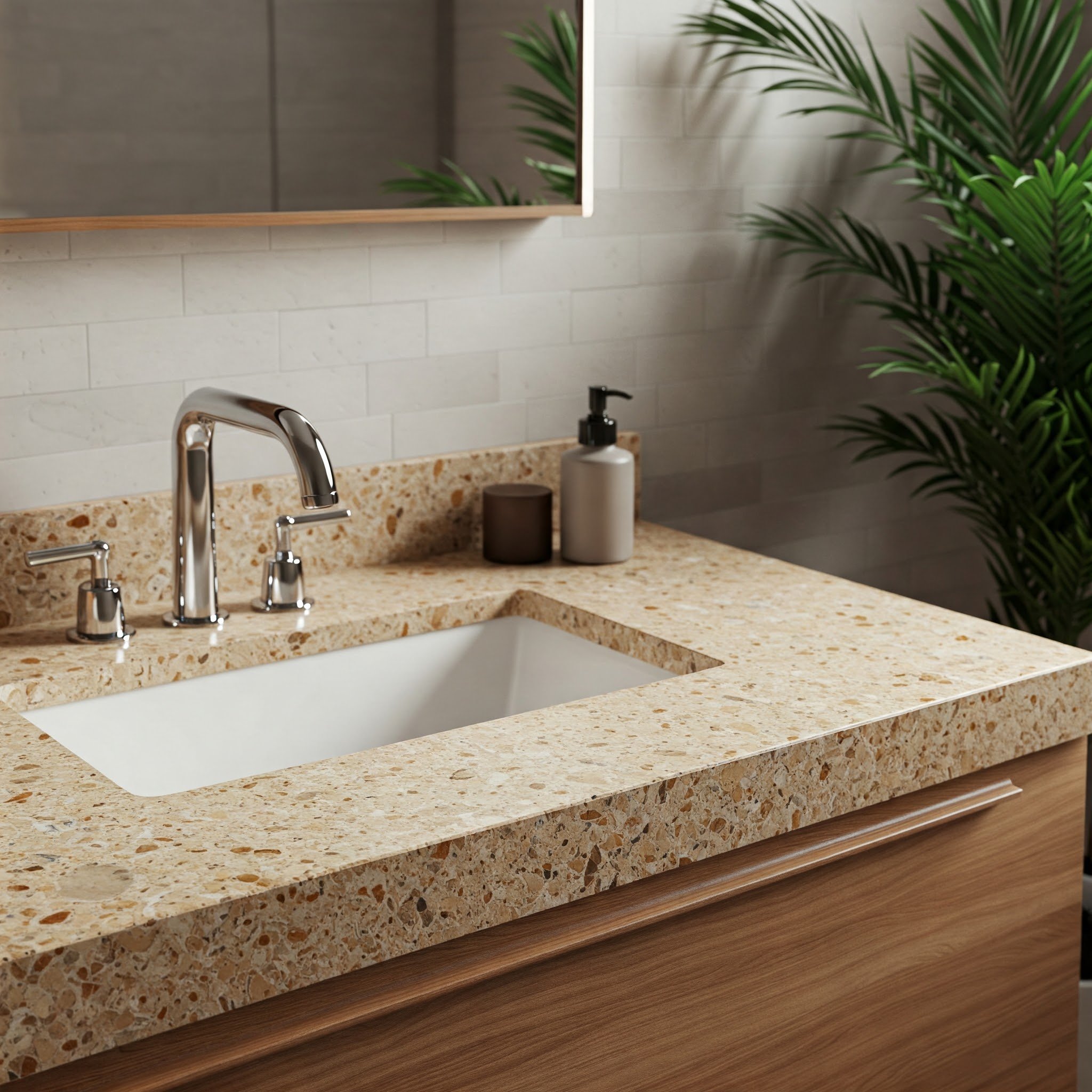 A modern bathroom vanity featuring a sustainable terrazzo countertop with warm beige and earthy tones, complemented by a sleek chrome faucet, wooden cabinetry, and minimalist decor. Lush green plants add a natural touch to the eco-friendly design.