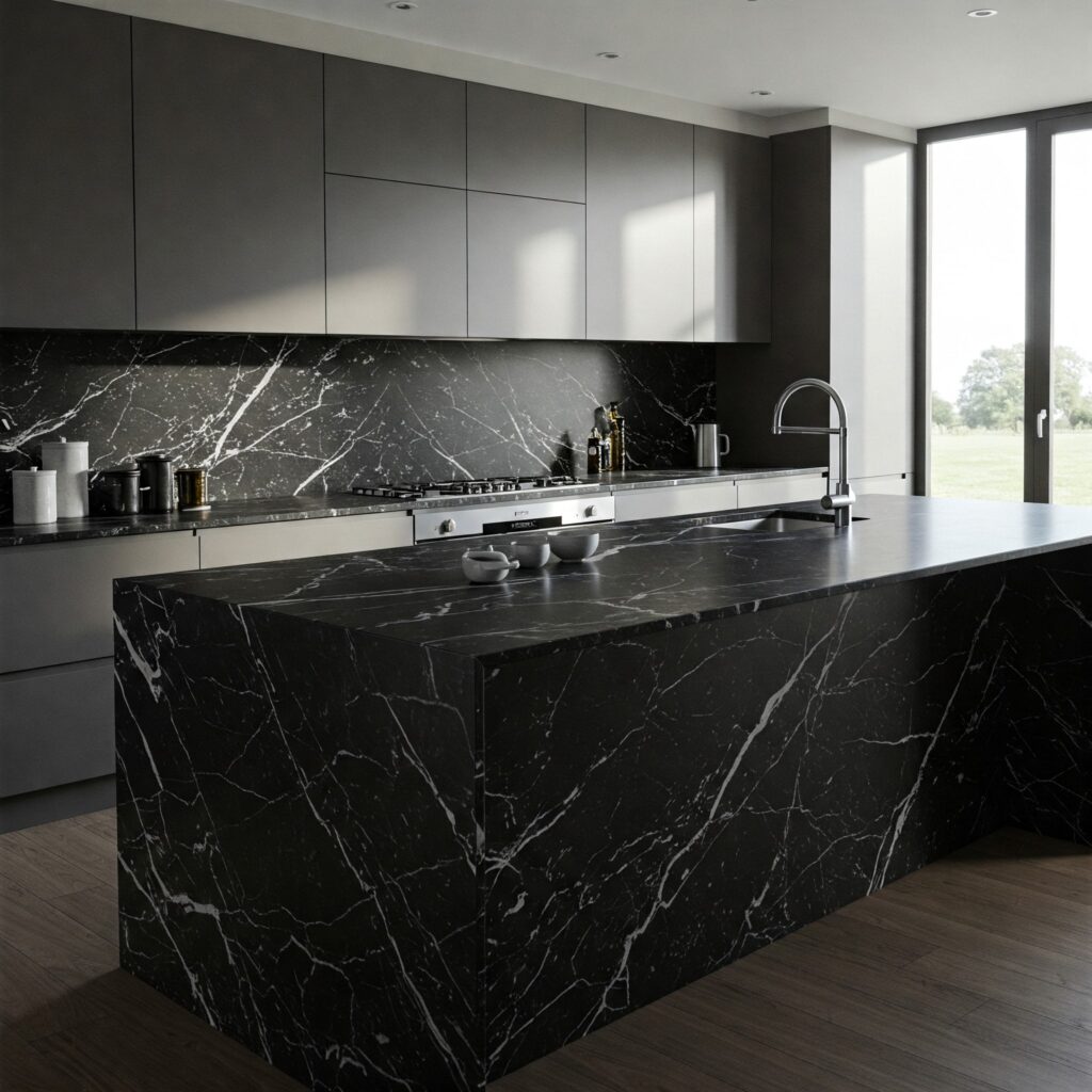 A sleek modern kitchen featuring black marble countertops and backsplash with striking white veining, complemented by matte gray cabinetry and stainless steel appliances. Large windows allow natural light to enhance the bold and sophisticated design.