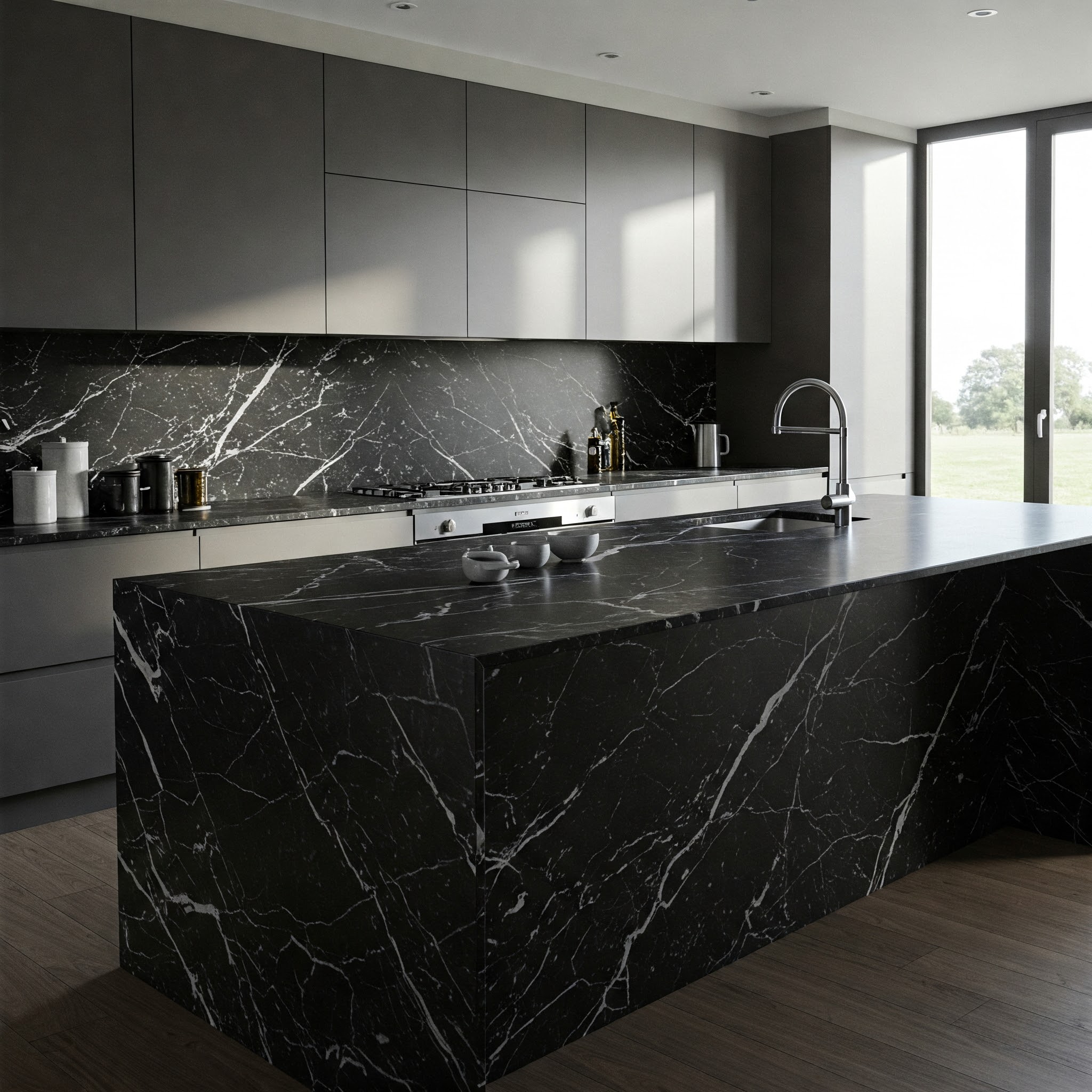 A sleek modern kitchen featuring black marble countertops and backsplash with striking white veining, complemented by matte gray cabinetry and stainless steel appliances. Large windows allow natural light to enhance the bold and sophisticated design.