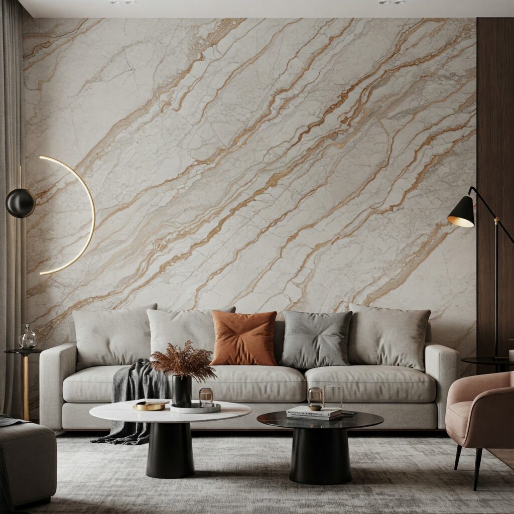 A modern living room featuring a striking marble statement wall with elegant gold and beige veining, complemented by a neutral-toned sofa, contemporary lighting, and stylish decor.